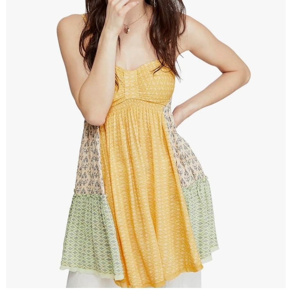 Free People Women's Across The Sea Patchwork Print Strapless Tunic Top, Yellow,S